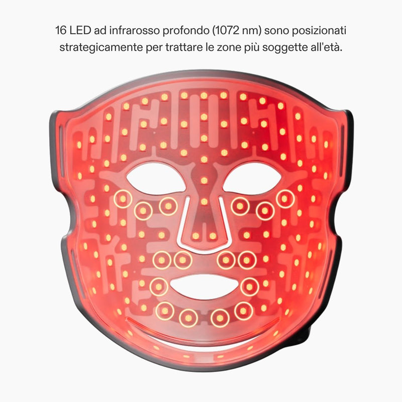 Maschera LED per terapia con luce rossa: vista interna che mostra i LED rossi illuminati